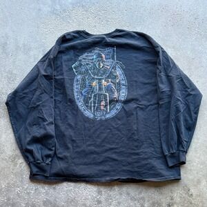 Mens Gildan Patriotic Biker Skull American Flag Graphic Long Sleeve‎ T-Shirt